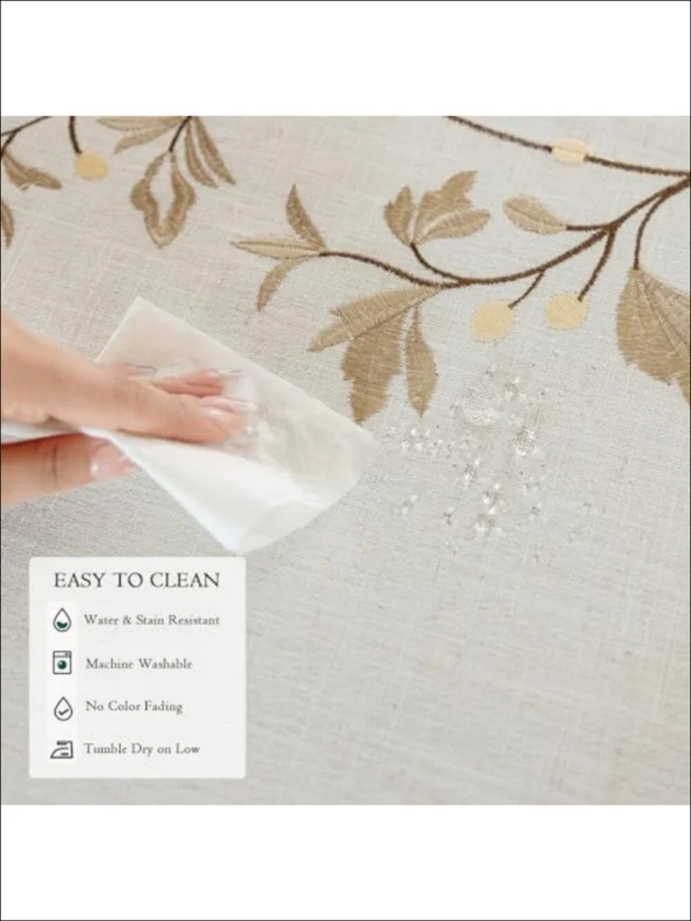 Waterproof Linen Blend Tablecloth Beige Rustic Embroidery Rectangle 55x86